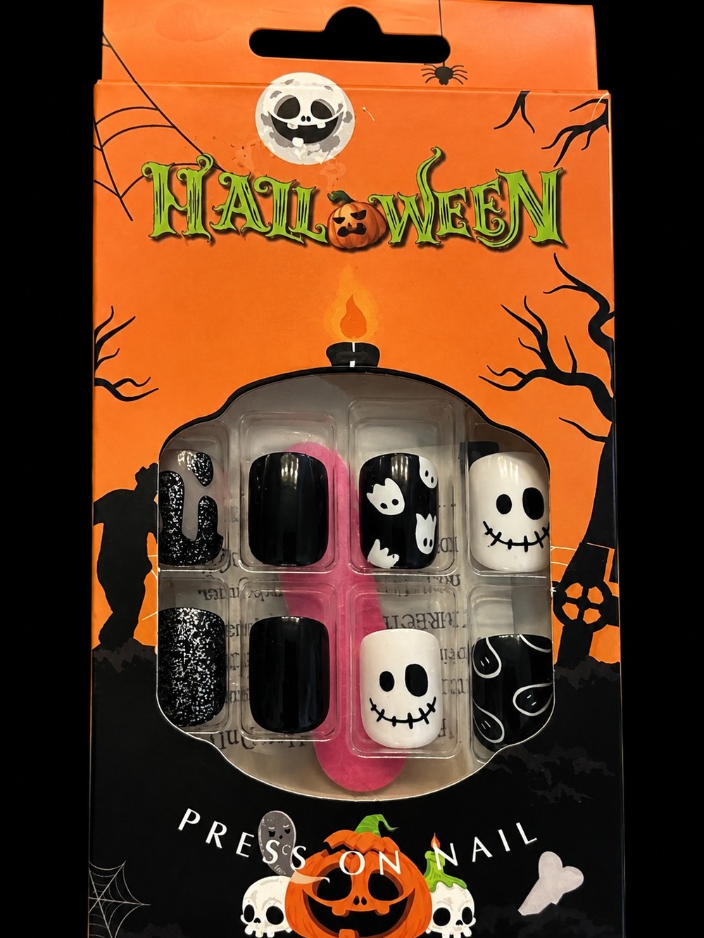 Halloween Skull & Ghost Press-On Nails — Black & White